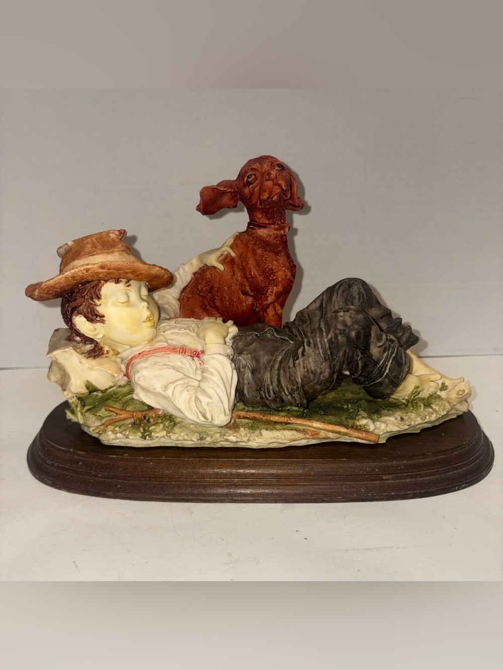 Rust Brown & Cream Boy with Dog Figurine - Decorative Home Art- Vintage 1980s
